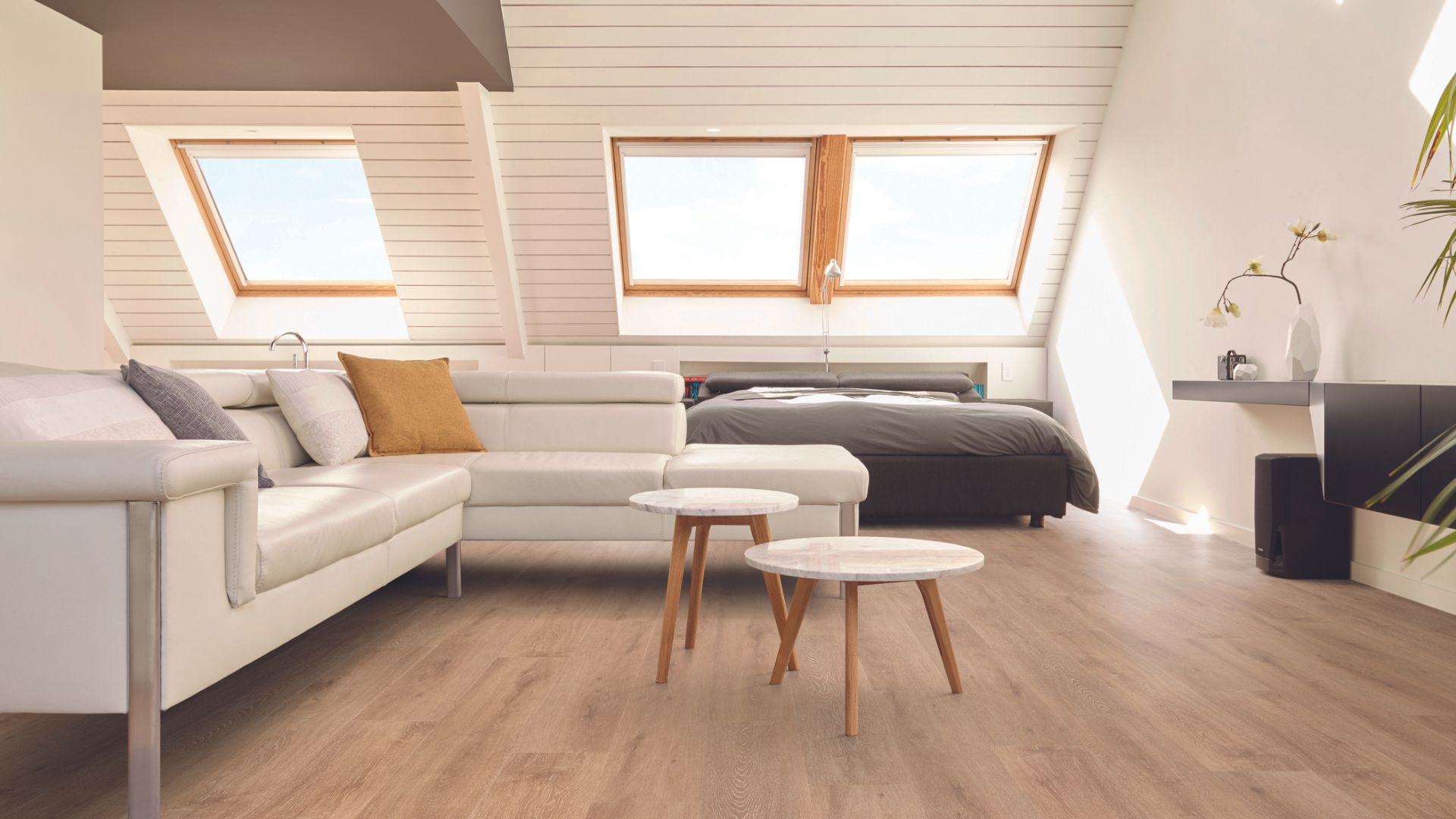 Hardwood flooring in a studio.